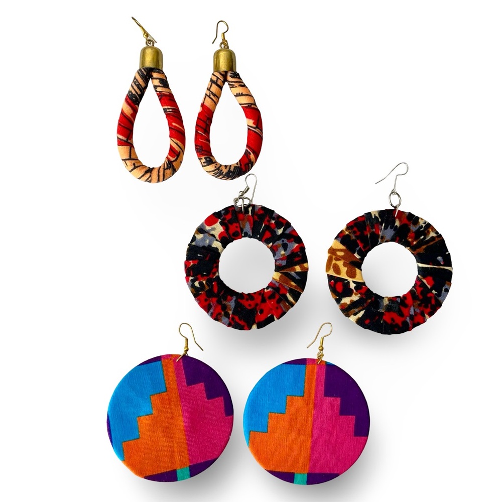 3 Pair African Fabric Print Ankara Kitangala 2.5 inch Disc Hoop Hook Earrings